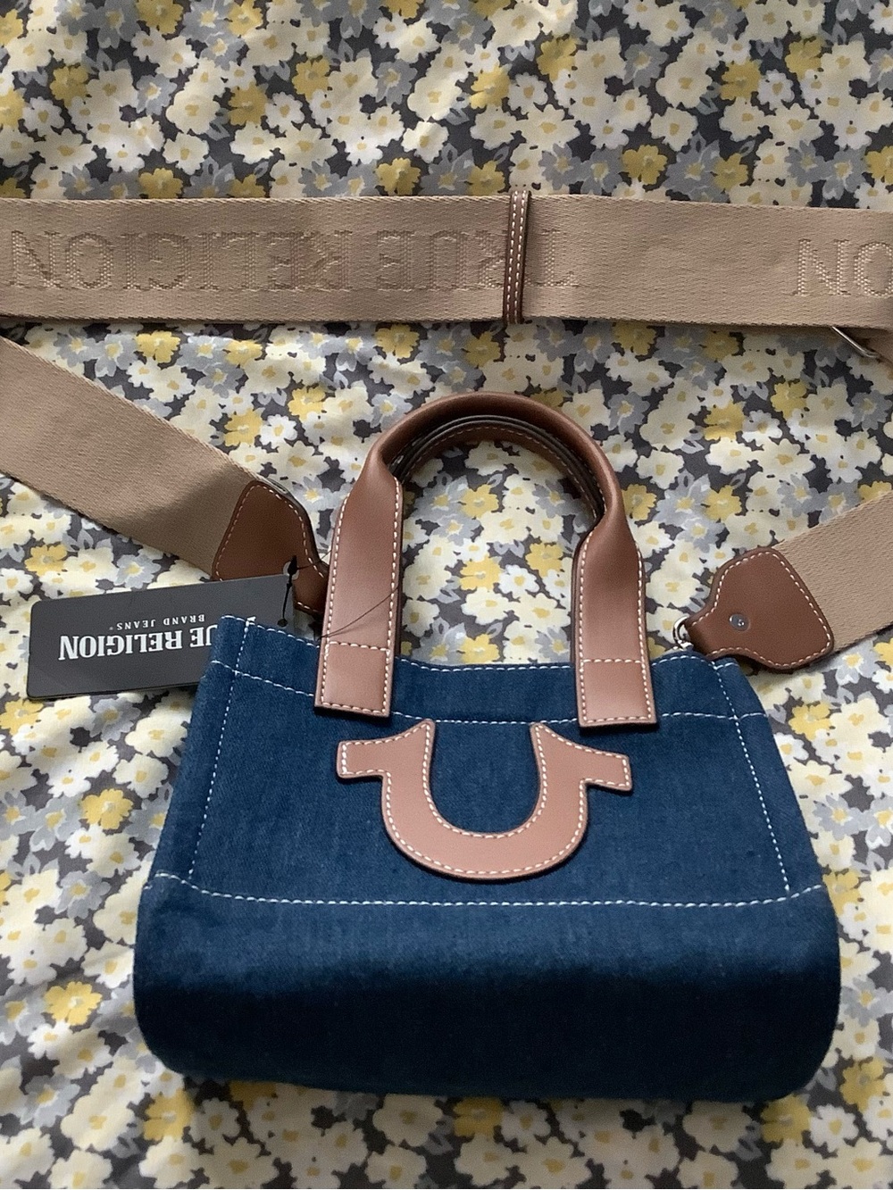 True Religion Denim Mini Tote with Tan Trim and Strap